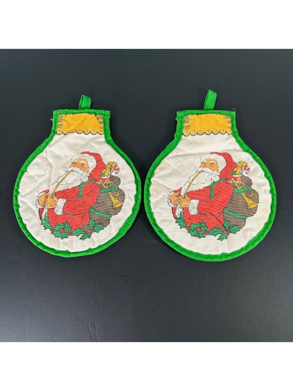 Lot of 2 Vintage Pipe Smoking SANTA Christmas Bulb Ornament Shaped Potholders